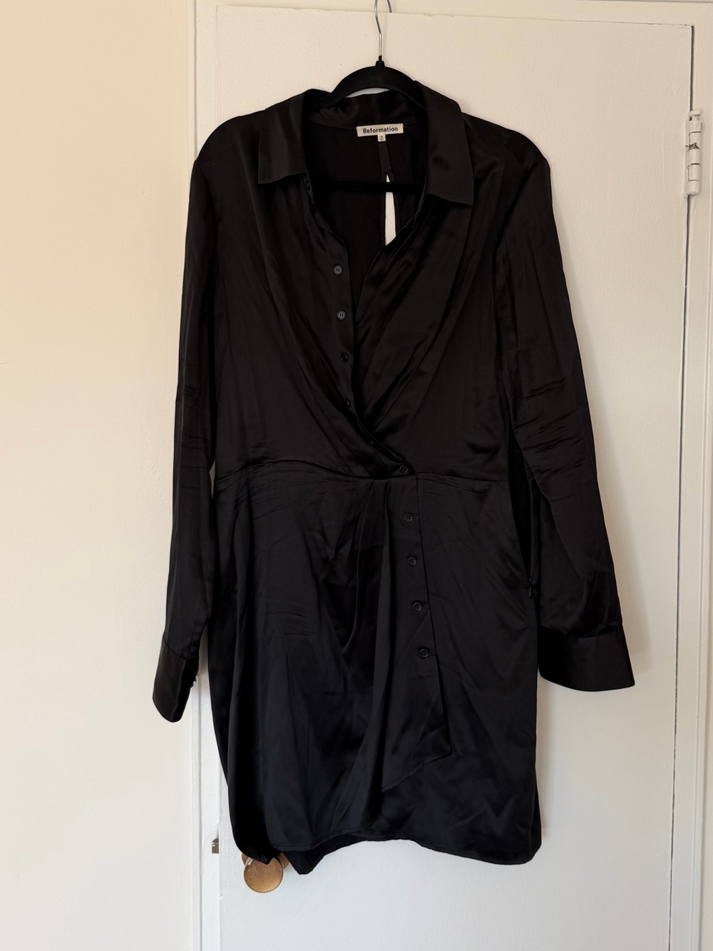 Reformation Black Satin Long Sleeve Wrap Shirt Dress